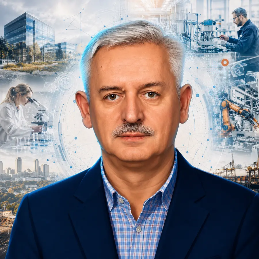 Portret dr. Andrzeja Węgrzyna na tle motywu energii, przemysłu, danych i systemów wiedzy.