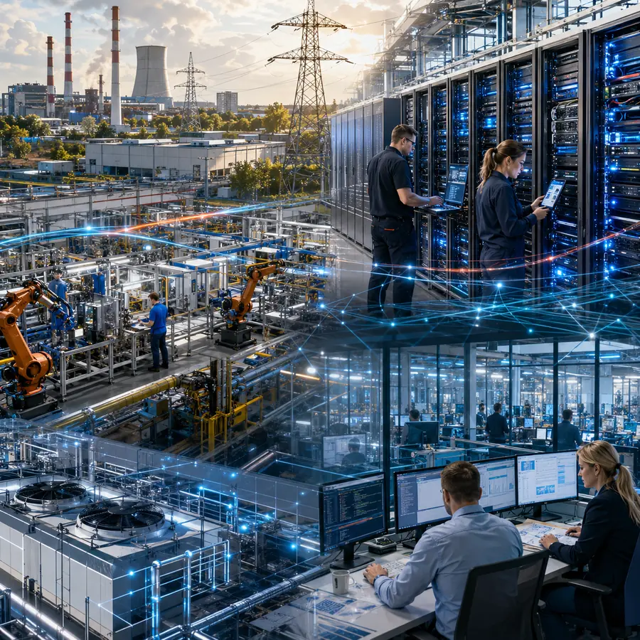 Fabrykę i centrum danych łączą infrastruktura energii, danych, mocy obliczeniowej i łączności.