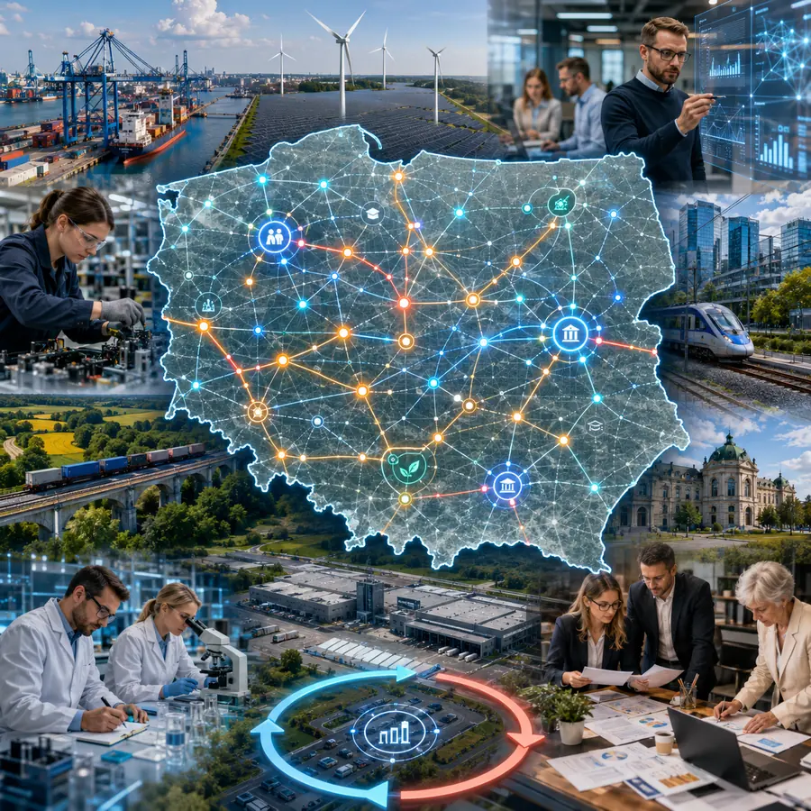 Warstwowa mapa Polski łączy ludzi, energię, dane, AI, infrastrukturę, instytucje i sprzężenie zwrotne.