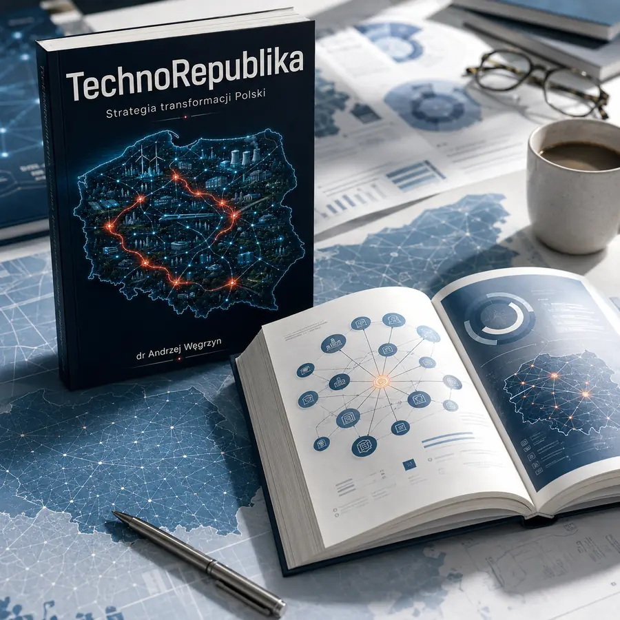 Otwarta książka TechnoRepublika i przykładowe strony pokazują strukturę rozdziałów biznesowych.
