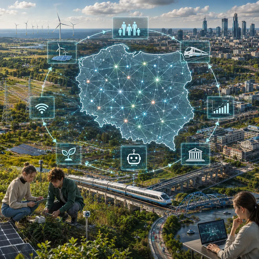 Warstwowa mapa Polski łączy ludzi, energię, dane, AI, infrastrukturę, instytucje i sprzężenie zwrotne.