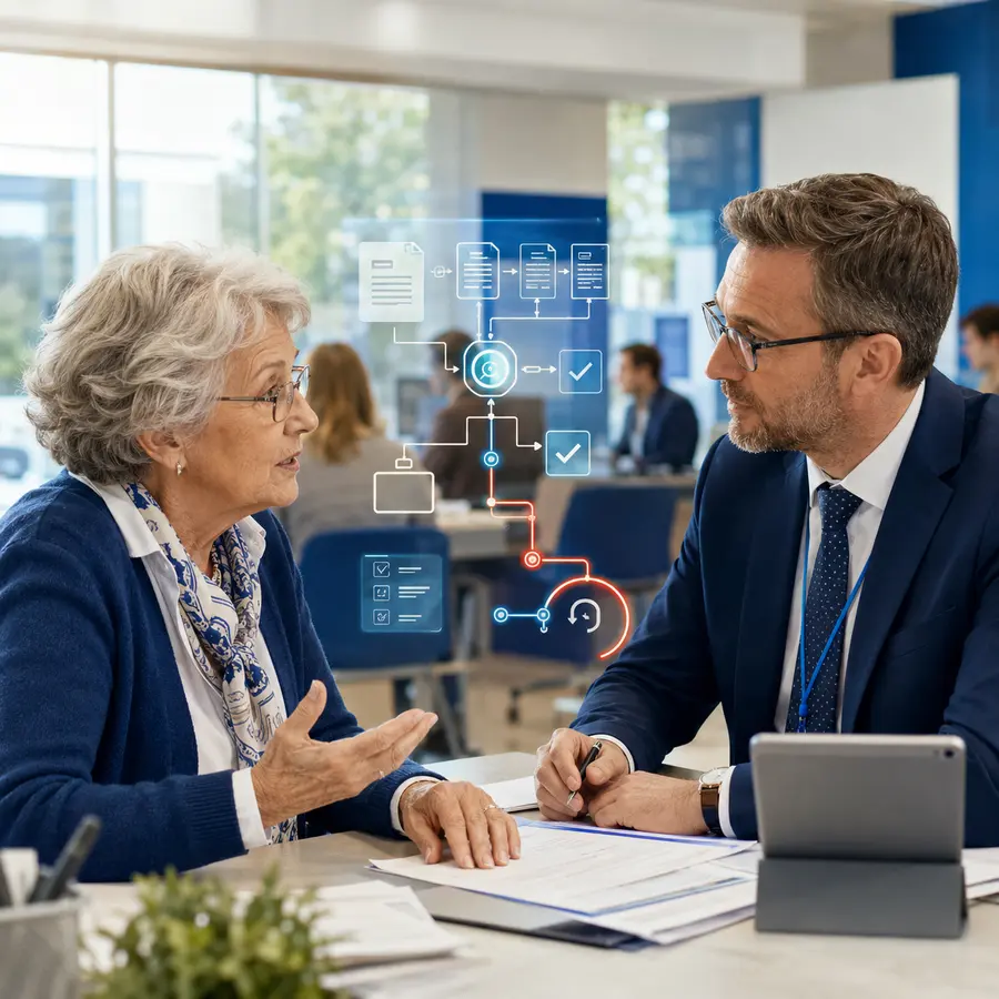 Senior rozmawia z urzędnikiem, a system AI wspiera wyjaśnienie i poprawienie danych.