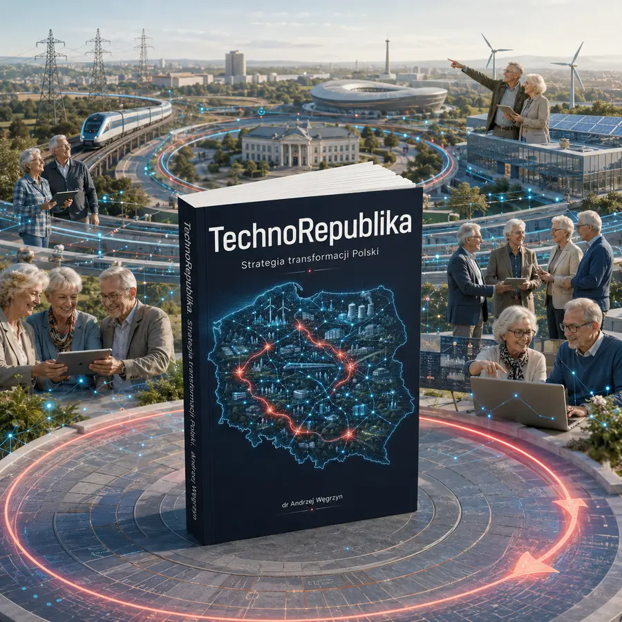 Okładka książki na tle symbolicznego systemu Polski łączącego ludzi, energię, dane i infrastrukturę.