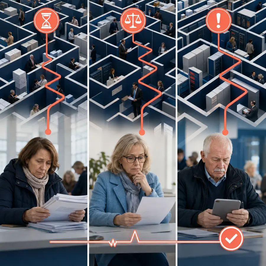 Trzy sprawy obywatelskie przechodzące przez złożony system administracyjny z widoczną pętlą korekty.