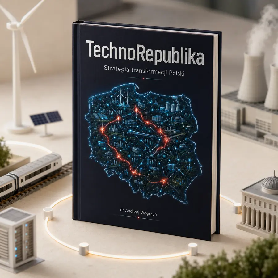 Egzemplarz książki TechnoRepublika na tle subtelnej mapy systemu państwa.