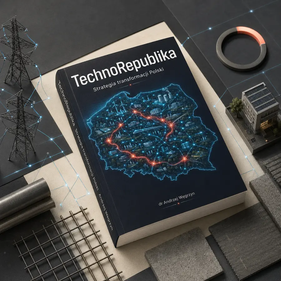 Egzemplarz książki TechnoRepublika na tle motywu systemu państwa.